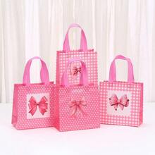 4pcs Bow Print Non-Woven Fabric Tote Bags, Cute Packaging, Girly Pink Shopping Bags, Waterproof - Pink - View 8