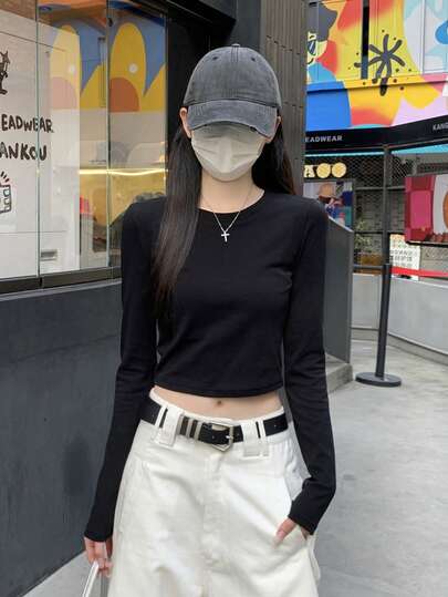 韩版修身长袖露脐打底衫（女款）