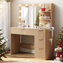 36.2 Inch Fluted Vanity Desk With Mirror And Adjustable LED Lights, Elegant Makeup Vanity With Glass Top, 4 Drawers, And Built-In Charging Station For Bedroom Or Dorm, Ideal For Women And Girls - 查看 11