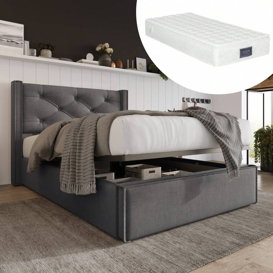 Upholstered Hydraulic Single Bed 90x200cm, Slatted Bed With Metal Frame, Modern Bed Frame With Storage Space, Cotton, Grey (With Mattress) - Grey - View 1