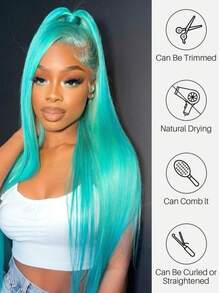 Turquoise Blue Long Straight Lace Front Synthetic Wig, 24 Inch Heat Friendly Hair, 13x4 HD Lace, Pre-Plucked Hairline - 薄荷藍 - 查看 6