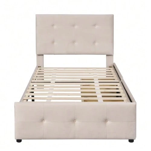 Upholstered Bed 90 X 200 Cm, Slatted Bed With Headboard And Two Drawers, Soft Velvet Fabric, Beige Single Bed, Children's Bed, Junior Bed, Guest Bed (Without Mattress) - Dark Beige - View 1