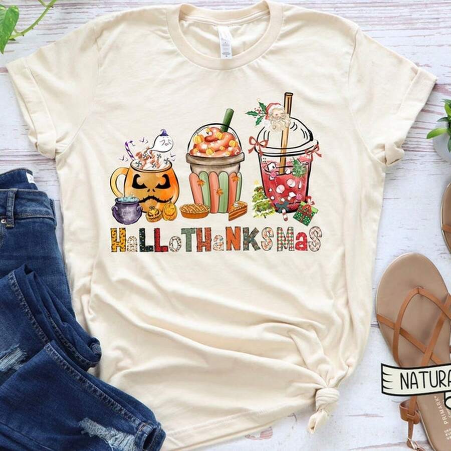Camiseta Feliz Halloween, Acción de Gracias y Navidad 2025, Camiseta de manga larga con estampado de café, ideal para amantes del café, con diseño de Papá Noel y Bruja.220g WoM-en's 100% Cotton T-Shirt - Feminine and Comfortable FiT-Suitable for all people, whether woM-en or M-enhigh-quality durable fabric suitable for all seans,ft to the touch but built to lastBreathabletops woM.en fall outfiT.S for woM.en vaC.Ation outfiT.S woM.en halloween costume - Blanco - Ver 1