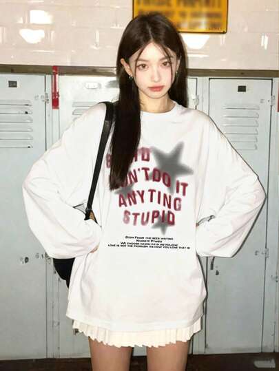 여성 루즈핏 캐주얼 카툰 프린트 긴팔 티셔츠, 봄/가을 화이트