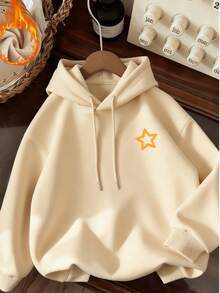 2026早春/秋季新品：黑色连帽衫！意大利标语印花抓绒连帽卫衣，纯棉面料+厚抓绒内层，多种颜色和图案可选，情人节完美之选，正面星形印花，吸睛设计，女士早春连帽衫，女士常规款连帽衫，女士针织衫，连帽衫，男女皆宜 - 杏色 - 查看 3