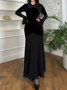 Unadoll 女士春季新款时尚圆领长袖拼接下摆纯色麂皮优雅长裙，适合送礼、外出、派对、约会、聚会、晚宴、通勤、情人节等场合。 - 黑色 - 查看 4