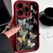 Beautiful Colorful Butterfly Case For IPhone 16 Pro, Compatible With Apple 15/14/13 Pro Max, New Model 12x11 - 金剛砂-酒紅-優美彩色蝴蝶 - 查看 11