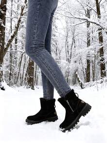 FZY 2026 Winter New Women's Snow Boots: Stylish Side Zipper Design, PU Leather Upper, Thickened And Warm Wool Lining. Perfect For Everyday Wear, Shopping, And Outdoor Activities. A Must-Have Black Boot For Women's Winter Outfits.Valentine's Day Sentiment-Giving Gift Boots,FuzzyChic Black Boots,The Essential Fashion Item For Attending A Wedding - Elegant Ladies' Boots - 黑色 - 查看 4