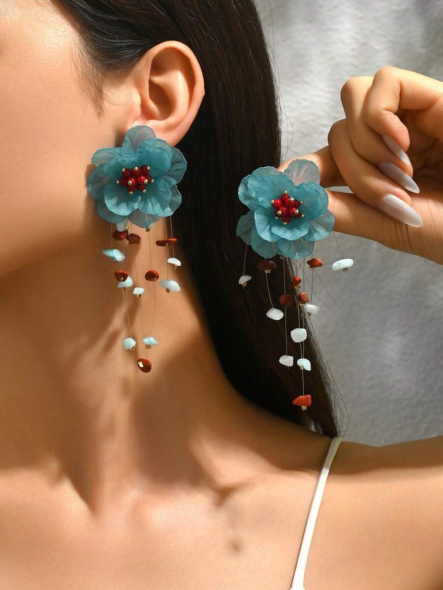 1 Pair Elegant Retro Exaggerated Sexy Bohemian Red Heart Wave Flower Shape DIY Handmade Woven Small Stone Small Shell Imitation Jade Resin Asymmetric Synthetic Resin Tassel Pendant Copper Earrings, New Added Faux Pearl Resin Woven Flower Tassel Earrings, Alloy Flower Center Woven Tassel Earrings, Light Pink Transparent Petal Tassel Earrings - Multicolor - View 1