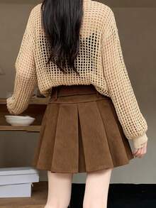 1pc Women Corduroy High Waist Pleated Mini Skirt, With Belt, Autumn/Winter