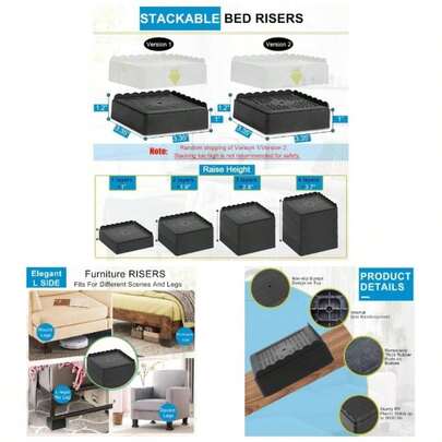 Bed Risers 1 Inch, 2 Inch, 3 Inch, 4 Inch Heavy Duty, Adjustable Furniture Riser Table Desk Couch Sofa Chair Recliner Leg Frame Dorm, Stackable Bed Raisers Blocks Black 4 Pack, 1 Inch
