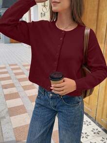 FOR BEAUTY Autumn New Solid Color Round Neck Single-Breasted Long Sleeve Knit Cardigan, Gentle, Elegant, Romantic, Casual, Lazy, Fashionable, Minimalist Versatile, Suitable For Outings, Valentine's Day Dates, Commuting And Various Occasions. This Sweater And Cardigan Is An Ideal Choice For Women's Spring Wear. - Burgundy - View 2