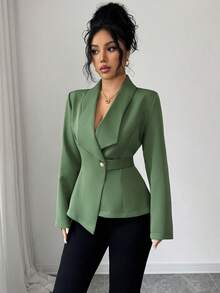 Solid Color Pocket Button Asymmetrical Office Women Coats - Army Green - View 3