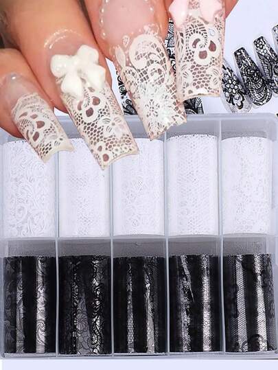 10 Rolls/Box Lace Nail Art Foil Transfer Stickers, Black White Flower Petal Sexy Retro Laces Foil Transfers Decals Nail Supplies Starry Sky Lace Flowers Nail Stickers For Women Girls Manicure Tips