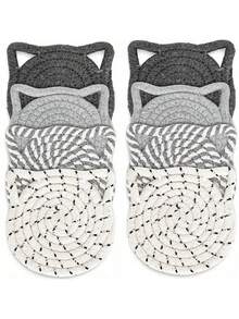4/8pcs Cat Ear Coasters Set, Handmade Bright Pink Woven Coasters, Non-Slip Absorbent Drink Coasters (With Holder), Home Decor, Gifts For Valentine''s Day And Mother''s Day