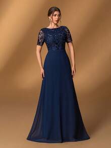 Faeriesty Elegante vestido formal de la madre de la novia con cuello redondo, manga corta, corte evasé y diseño bordado con flujo - Perfecto para recepciones de bodas, cenas formales, galas benéficas, grandes banquetes y recepciones de alto nivel - Azul Marino - Ver 8