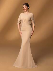 Faeriesty Mosy Elegant Boat Neck Bridal Mother Gown With Sweep Train Sleeves & Mermaid Tail Hem Featuring Draped Detailing - Formal Mother Of The Bride Dress Perfect For Weddings, Gala Dinners, Award Ceremonies, Charity Balls, And Black-Tie Events