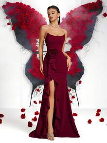 Women's Elegant Solid Color Tube Top High Waist Lotus Leaf Three-Dimensional Flower High Slit Backless Lace-Up Floor-Length Prom Party Dress For Prom Gown Wedding Guest Dancy Party Homecoming Date Night Formal Dinner Birthday Party Festival Party Family Party