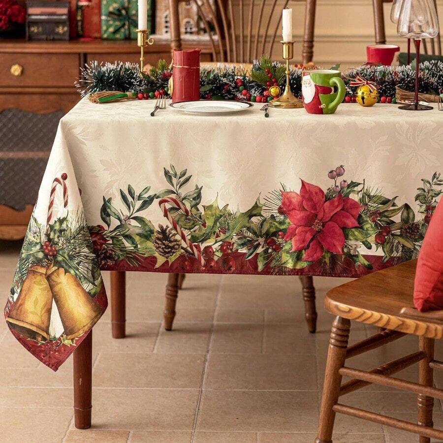 - Mantel rectangular jacquard de Navidad con campana de flores rojas, polister con flor de nochebuena y estampado floral vintage para decoracin de fiestas de Navidad y das festivos 152, 4 - Cuadros verde salvia + 139,7 x 139,7 cm (cuadrado) - Ver 1