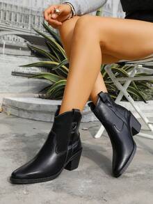 Women's Western Style Ankle Boots, Outdoor Leather V-Cut Chunky Heel Retro Slip-On Booties, Black - Black - View 3