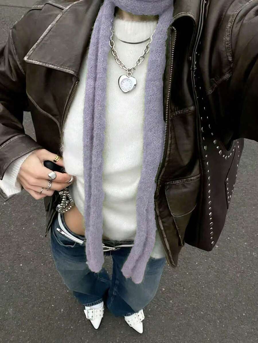 1条微卷边薄围巾，时尚百搭长围巾，窄款 - 淡紫色 - 查看 1