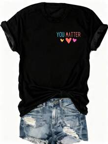 女士休闲T恤，情人节卡通爱心图案，红色亮片爱心印花，时尚舒适透气，春夏经典短袖圆领上衣，黑色 - 黑色 - 查看 4