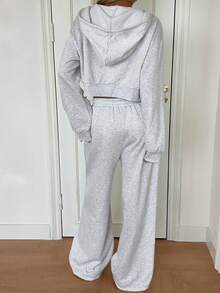 女士卫衣两件套秋冬运动街头连帽衫开衫外套宽松阔腿裤套装 - 灰色 - 查看 2