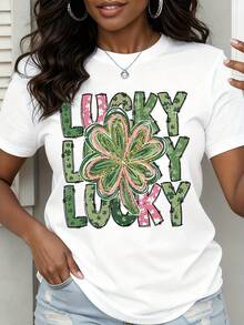 Lucky Lucky Lucky Shamrock St Patrick's Day T-Shirt Women's White Graphic Tee Festive Clover Design For Saint Patrick's Day Celebration - trắng - Xem 1