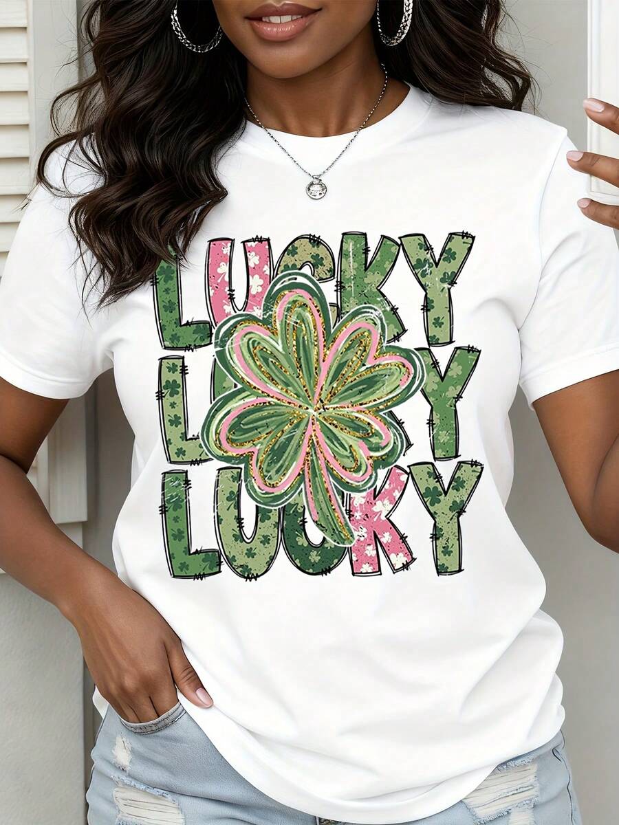 Lucky Lucky Lucky Shamrock St Patrick's Day T-Shirt Women's White Graphic Tee Festive Clover Design For Saint Patrick's Day Celebration - trắng - Xem 1