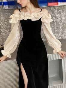 优雅中长连衣裙，复古黑色丝绒网纱长袖派对礼服，时尚露肩高开衩A字裙，适合圣诞节、新年、生日派对、通勤、正式场合。 - 黑色 - 查看 7