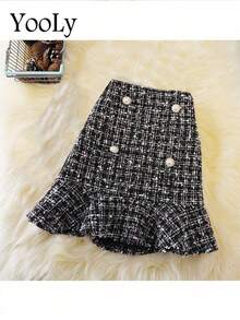 格子亮面优雅纽扣前开襟美人鱼裙摆 - 黑 - 查看 2