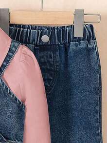 3pcs/Set Girls Solid Color Long Sleeve Shirt + Fashionable Denim Suspender Vest + Fashionable Studded Denim Pants - Pink - View 5