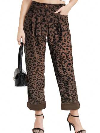 Pantalones de estar por casa con estampado integral, bolsillo, botón y cremallera, con ajuste holgado y estampado de leopardo