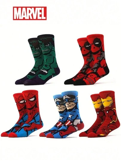 Marvel 5 pares de calcetines cómodos de superhéroes para hombres - Suaves, transpirables, calcetines de pantorrilla elásticos, que absorben la humedad, con estilo - Perfectos para regalar, fiestas, uso diario, ocasiones casuales