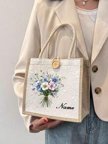 Customizable Linen Tote Bag, Personalized Name & Floral Wreath Pattern, Button Decor, Large Capacity Handbag, Foldable Travel Shopping Bag, Tote - Multicolor - View 10