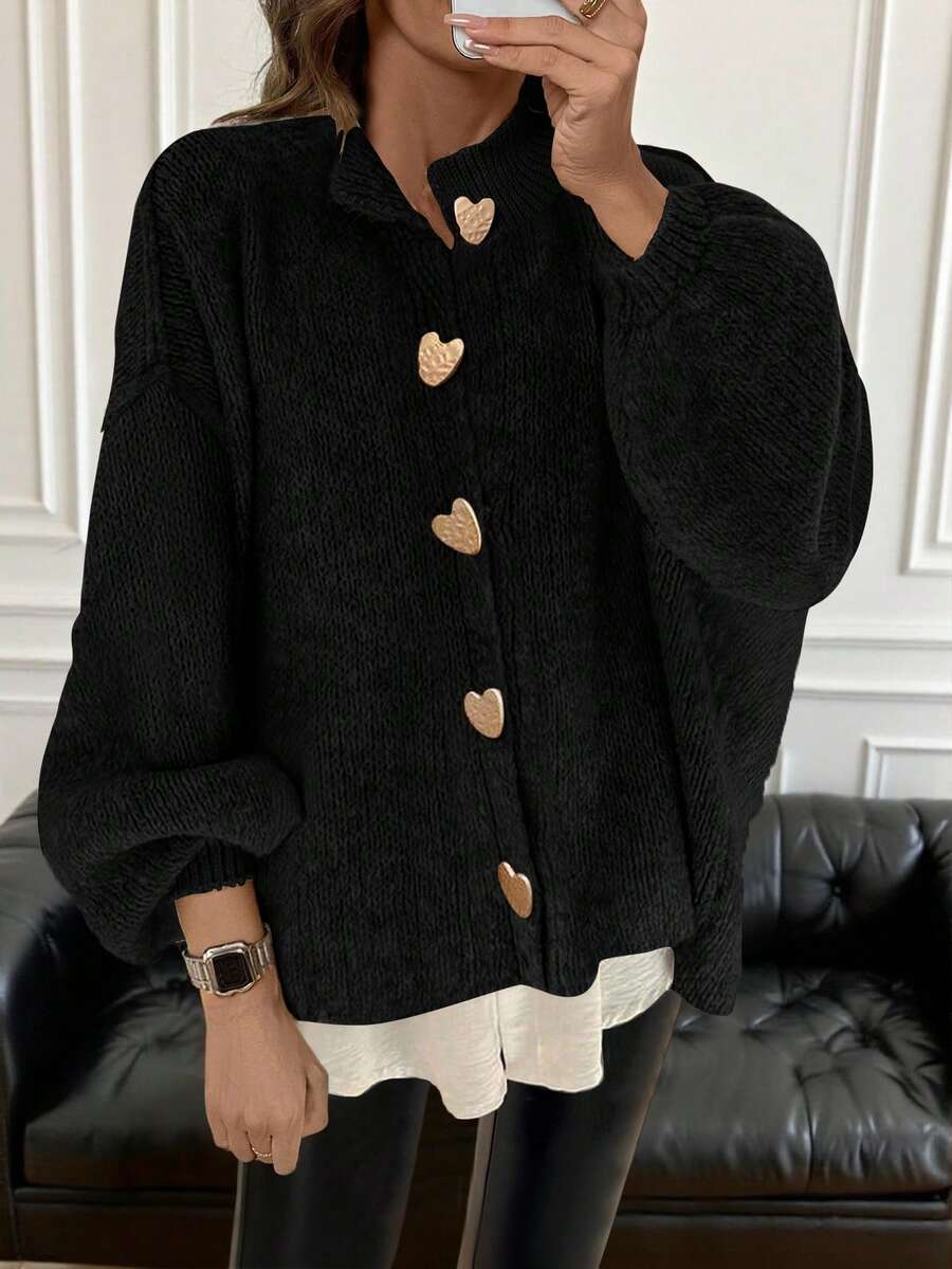 女士优雅复古风休闲商务通勤开衫，韩版时尚金属爱心纽扣宽松长袖针织衫，适合春、秋、冬季穿着，黑色 - 黑色 - 查看 1