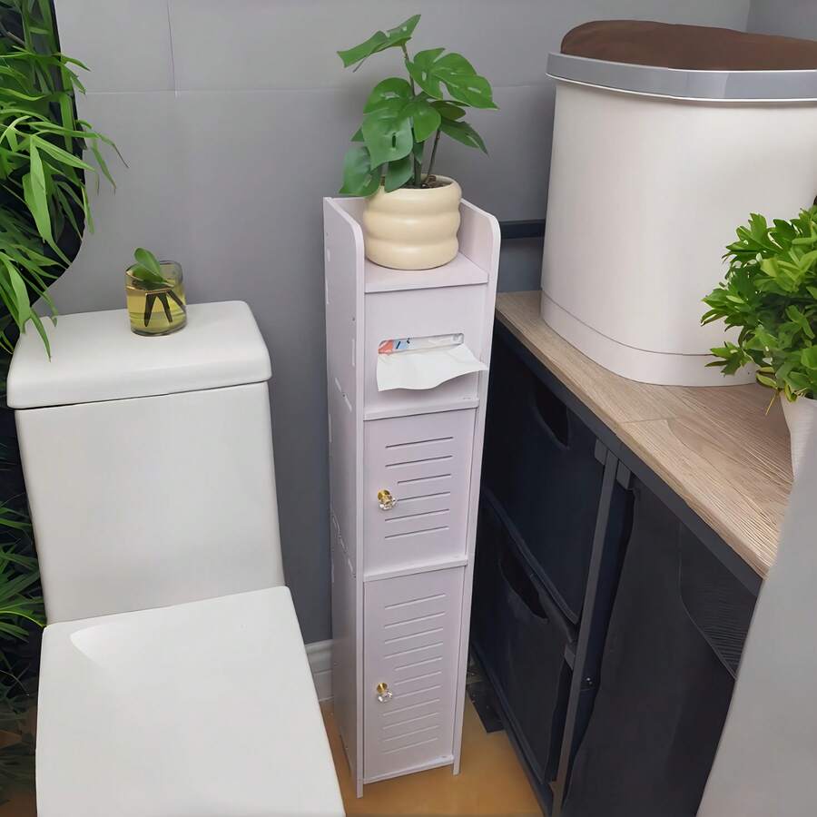 1 cái giá đựng giấy vệ sinh đứng độc lập, loại hẹp, có thể gắn vào cửa tủ, giá để đồ dùng nhà tắm nhỏ gọn, phù hợp với không gian hẹp và góc phòng.