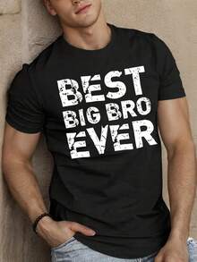Camiseta temática de "El mejor hermano mayor de los hombres" - Impresión de letras en blanco y negro, cuello redondo casual, manga corta, top de verano, lavable a máquina, hermano, atuendo casual (ropa de hermano mayor) - Negro - Ver 2