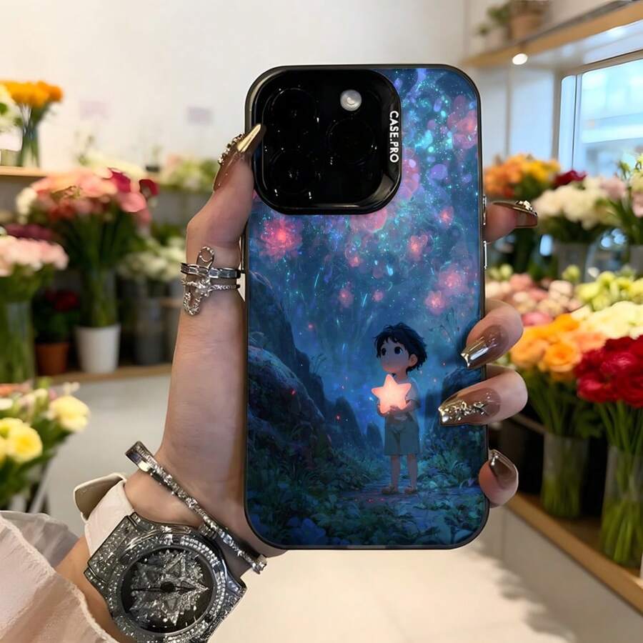 Funda para telefono con diseño de galaxia azul y rosa con personaje anime sosteniendo estrella brillante CASETTO para iPhone uso diario y estilo fashion Aplicable a los teléfonos de la serie Apple y Galaxy - Negro - Ver 1