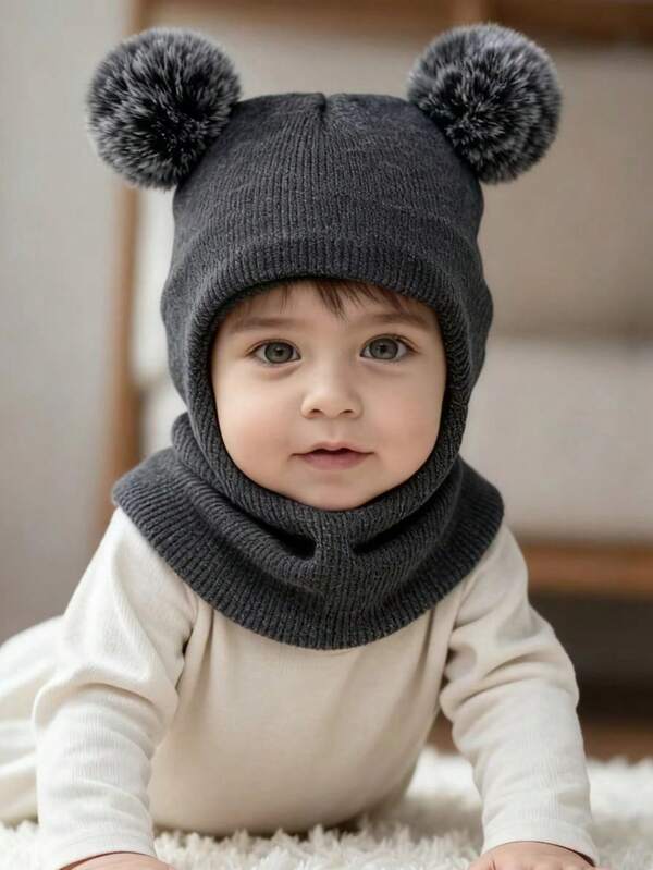 Kids' Double Ball Ear Or Knit Beanie Hat, Warm For Baby Boys & Girls