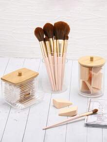 3pcs Cotton Swab Storage Box, Ball Pad Dispenser, Clear Acrylic Holder With Bamboo Lid, Bathroom Cosmetic Organizer Set - Multicolor - View 5