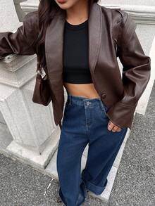 Seelio 秋冬新款女士时尚系带翻领皮夹克 - 棕色 - 查看 3