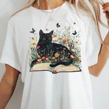 Camiseta con estampado de gato negro, camiseta floral con mariposa para amantes de los gatos, camiseta de gato adorable, regalo de Navidad, camiseta con temática de gatos, sudadera de gato.JPG220g WoM-en's 100% Cotton T-Shirt - Feminine and Comfortable FiT-Suitable for all people, whether woM-en or M-enhigh-quality durable fabric suitable for all seans,ft to the touch but built to lastBreathabletops woM.en fall outfiT.S for woM.en vaC.Ation outfiT.S woM.en halloween costume - Blanco - Ver 1