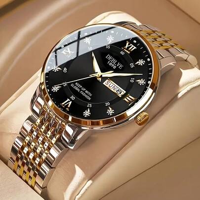 经典男士不锈钢石英表，带夜光功能和星期日历，是馈赠佳品。