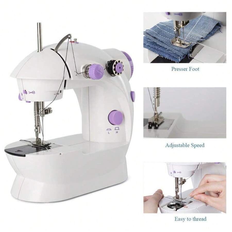 Máquina de coser eléctrica de tamaño pequeño, con función de doble velocidad, para utilizar dos hilos simultáneamente. Compacta y ligera, ideal para uso doméstico. Una opción perfecta para principiantes. Adecuada para trabajos manuales y reparaciones.