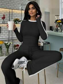 Women's Fashionable Cropped Long Sleeve Top And Slim Fit Flare Pants Sports Suit, Spring/Summer - Dark Gray - View 2