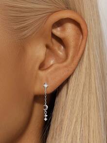 1pc 925 Sterling Silver Zirconia Stone Tassel Chain Threaded Stud Earrings, Flat Base Earrings Suitable For Ear Cartilage Piercing, Low Allergy, Women Flat Stud Earrings, Ear Cartilage Piercing Jewelry - Silver - View 2