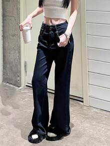 Vintage High Waist Slim Straight Leg Jeans, Loose Design Distressed Dark Blue Ankle Grazing Denim Pants