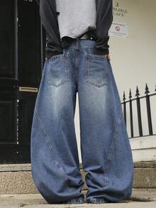 Men's Blue Leopard Print Patchwork Wide Leg Jeans, American Wild Street Style - Blue - View 9