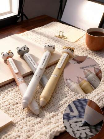 4支装可爱猫咪主题可擦凝胶笔，笔尖可伸缩，0.5毫米细尖，黑色墨水，萌趣设计，猫咪眼睛和爱心图案，耐用塑料材质，适用于日记、学习用品和教育材料。趣味设计，书写流畅。